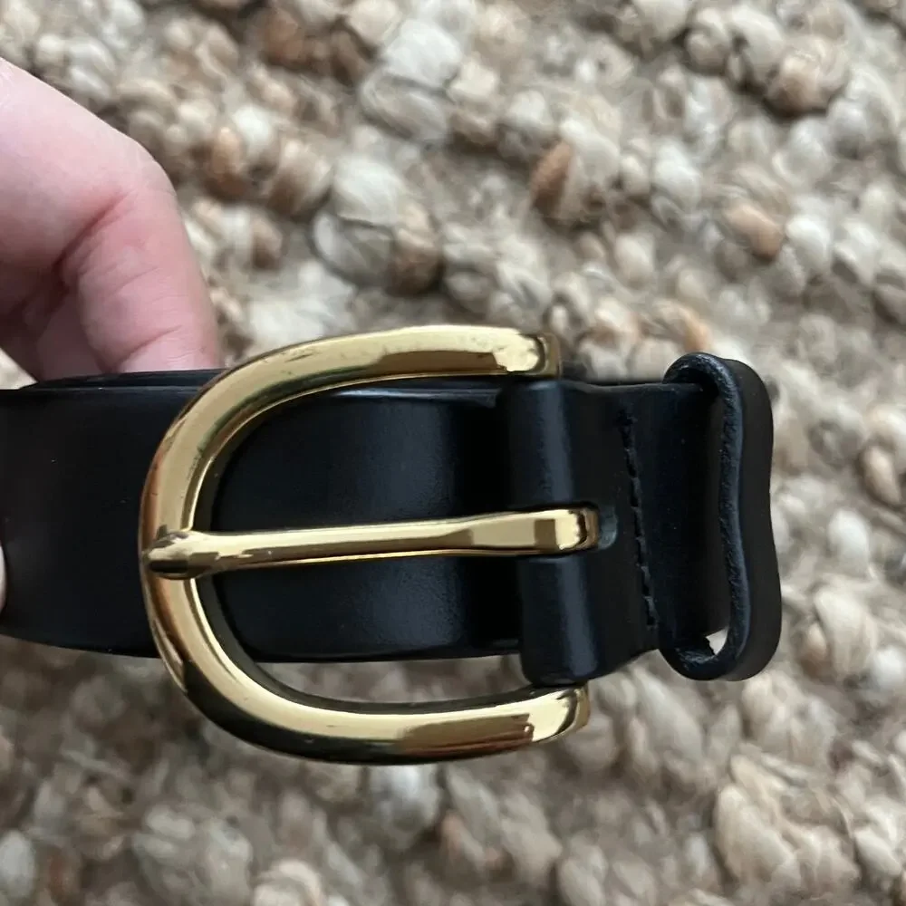 J.Crew Italian Leather Belt Black Gold Buckle Size S Made in USA Classic EUC